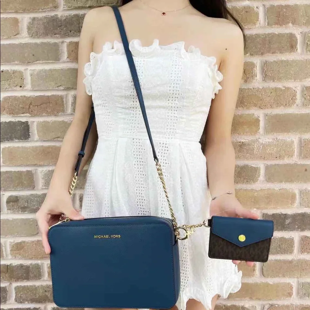 Michael Kors Navy Blue Crossbody Camera Bag with Brown Card Holder